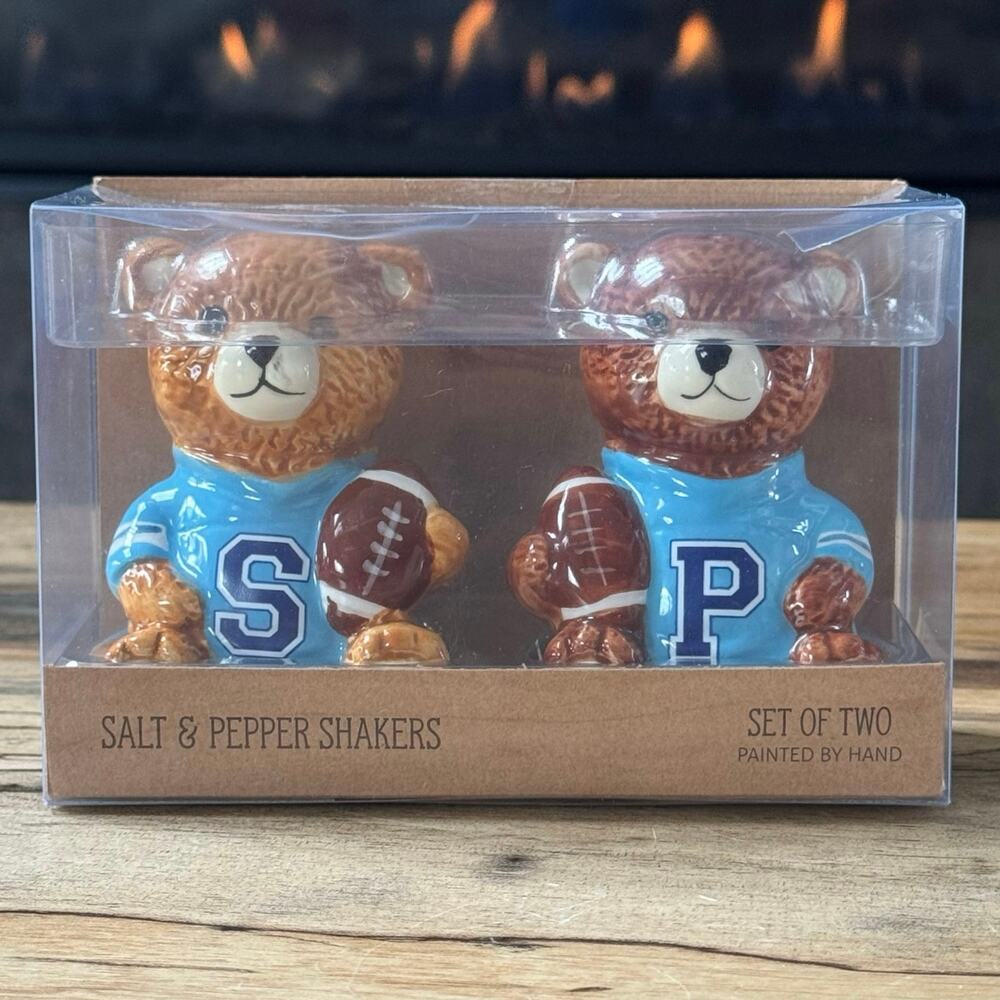 Teddy Bear Football Salt & Pepper Shakers Set Tailgate Game Day Blue Jersey NEW
